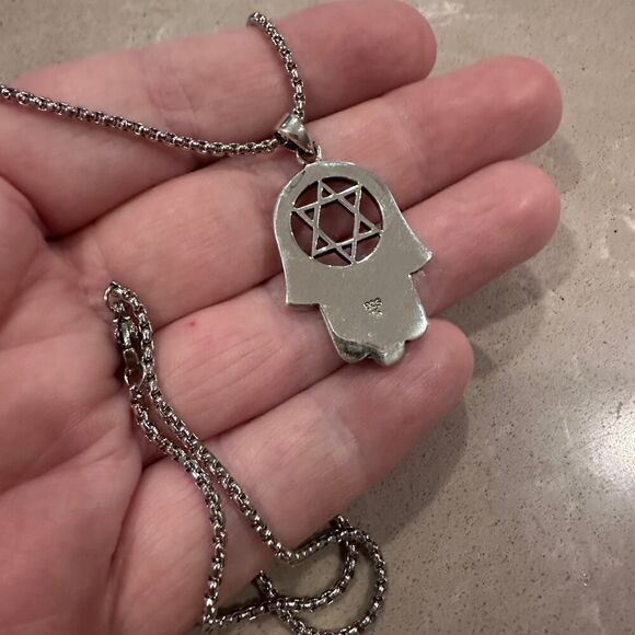 Sterling Silver Hamsa Pendant with Lab Opal & Star of David - Picture 6 of 6